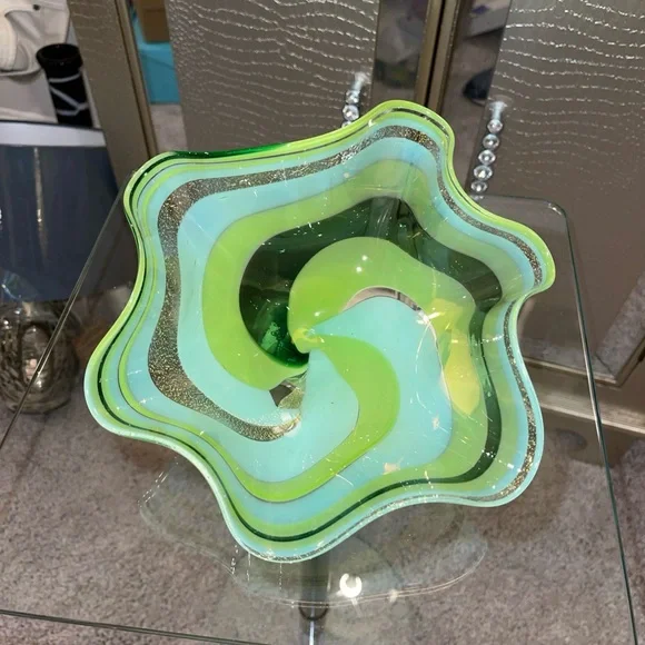 Green and Yellow Swirl Glass Art Bowl - signed by Aaron Gross 2007 - Picture 2 of 3